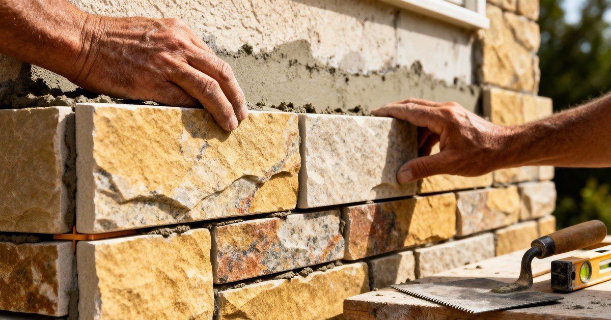 Modern home exterior featuring neutral stone veneer accent