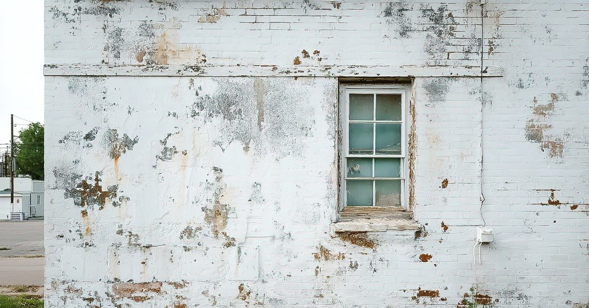 Cracks and rust staining above a window