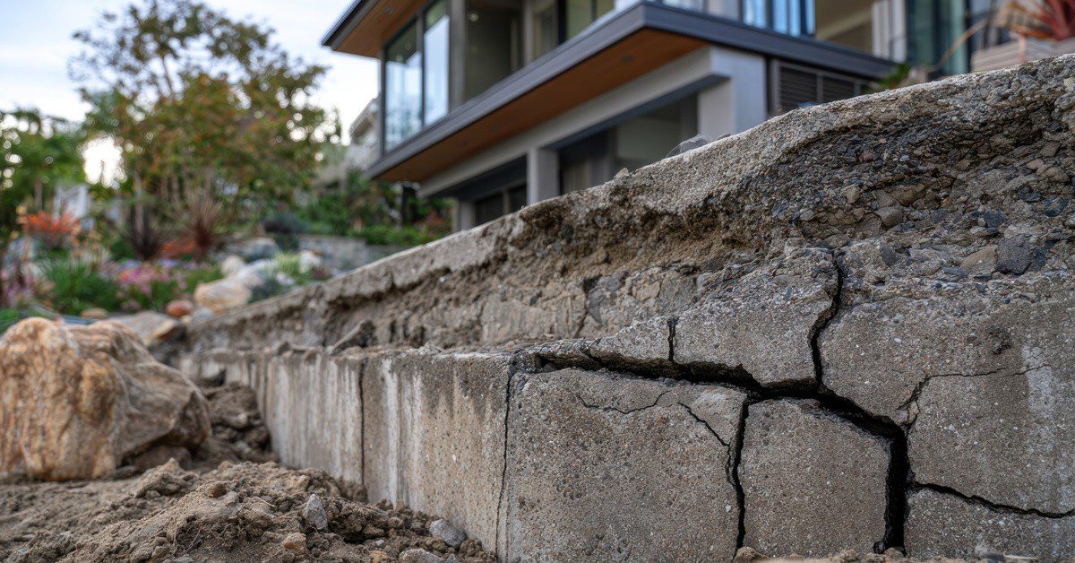 retaining-wall-repair-signs Retaining wall with cracks