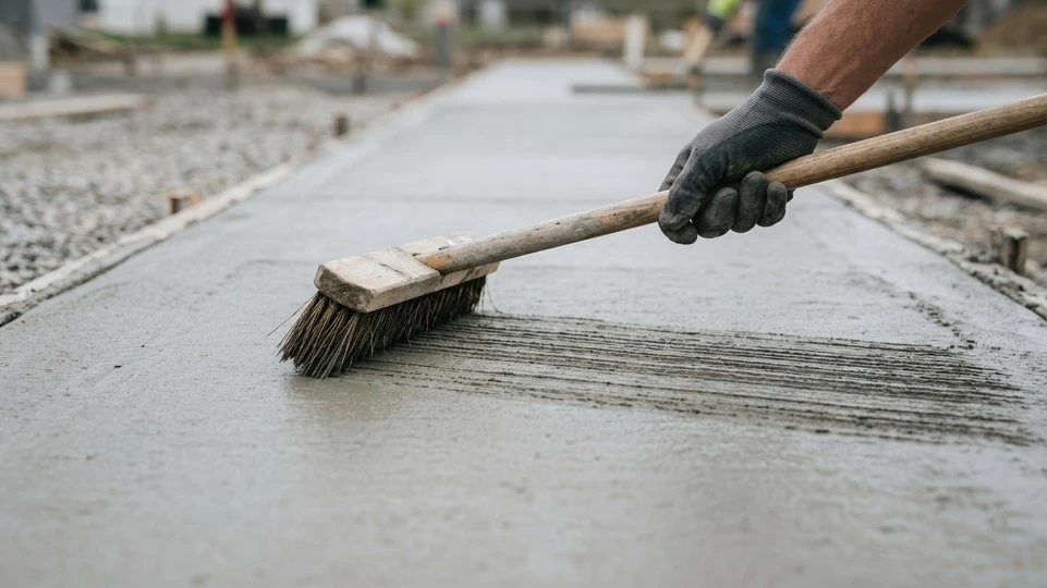 Broom-finished concrete driveway surface